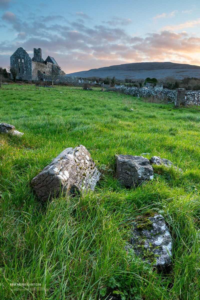 Corcomroe Abbey Glennamannagh valley Clare Ireland - church,corcomroe,january,landmark,sunrise,winter,hills,green