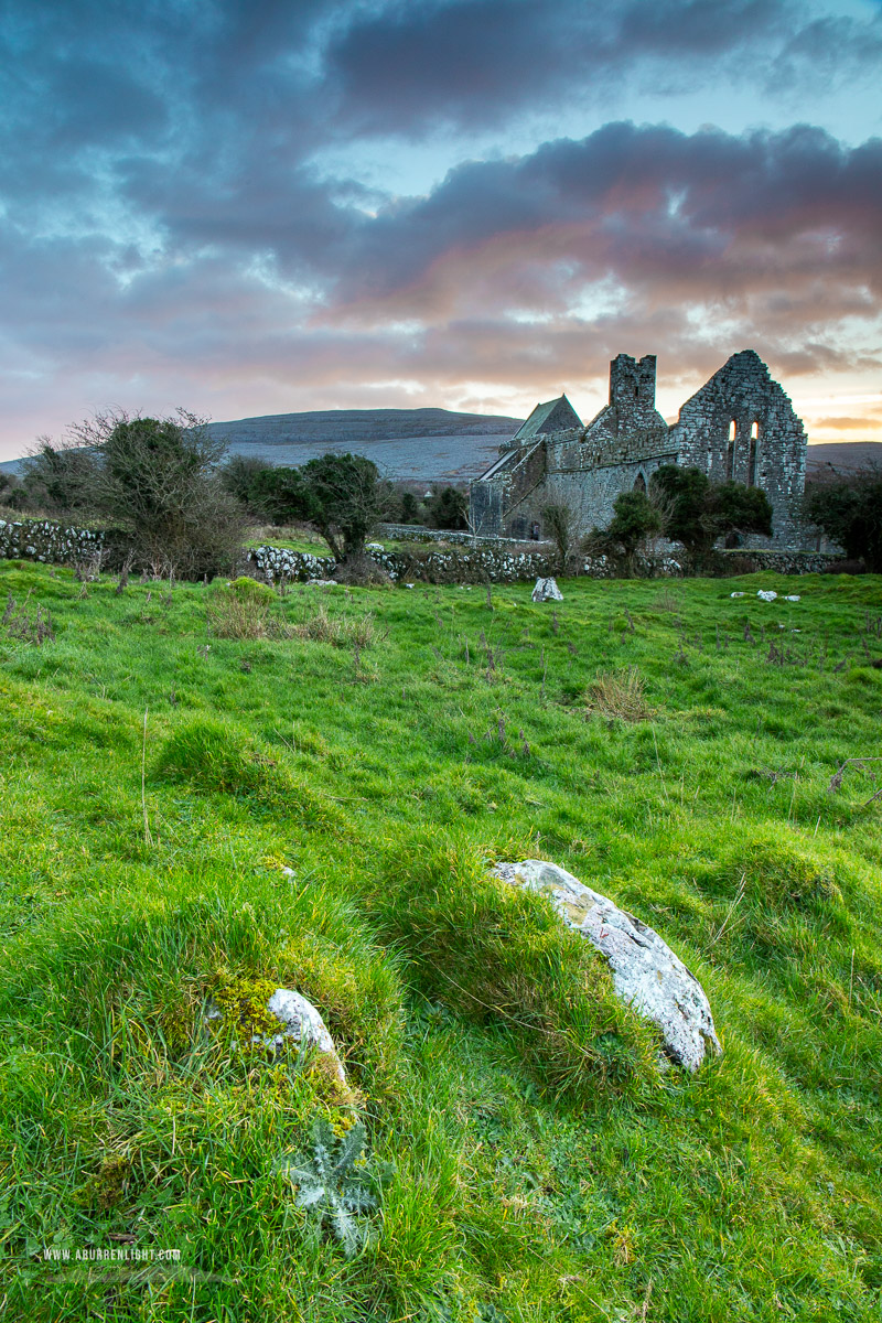 Corcomroe Abbey Glennamannagh valley Clare Ireland - church,corcomroe,january,landmark,sunrise,winter,hills,green