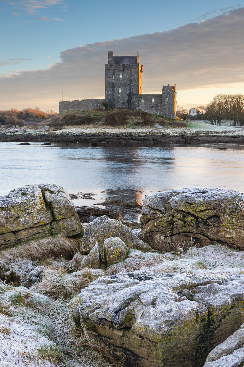 Dunguaire Castle Kinvara Clare Ireland - dunguaire,frost,january,kinvara,landmark,sunrise,winter,coast,castle,building