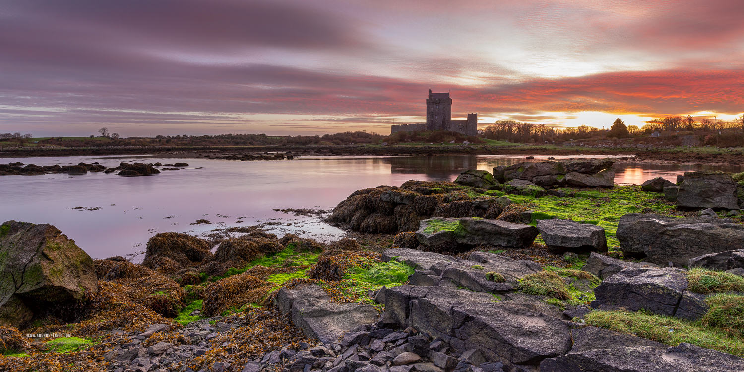 Dunguaire Castle Kinvara Clare Ireland - castle,dunguaire,green algae,kinvara,landmark,march,panorama,pink,twilight,winter,coast,castle
