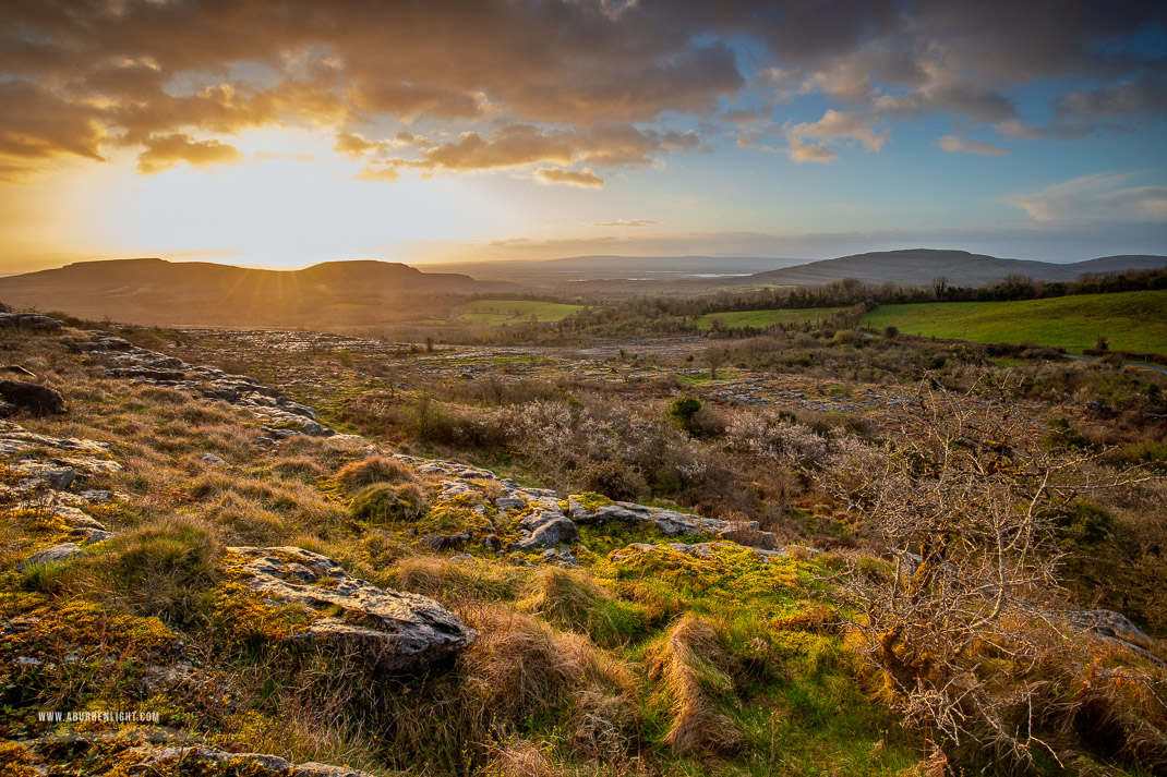 Fahee North Carron Burren East Clare Ireland - april,fahee,hills,spring,sunrise,sunstar,wall