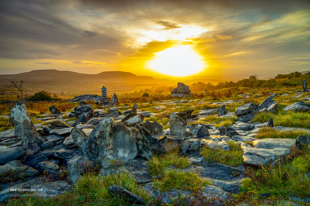 Fahee North Carron Burren East Clare Ireland - autumn,fahee,golden,hills,lone tree,mist,october,portfolio,prayer,stone,sunrise,pick-hills,limited,drama