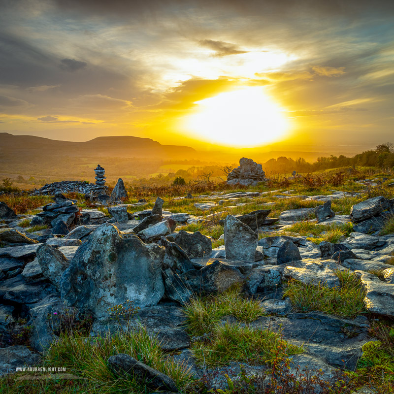 Fahee North Carron Burren East Clare Ireland - autumn,fahee,golden,hills,lone tree,mist,october,prayer,square,stone,sunrise