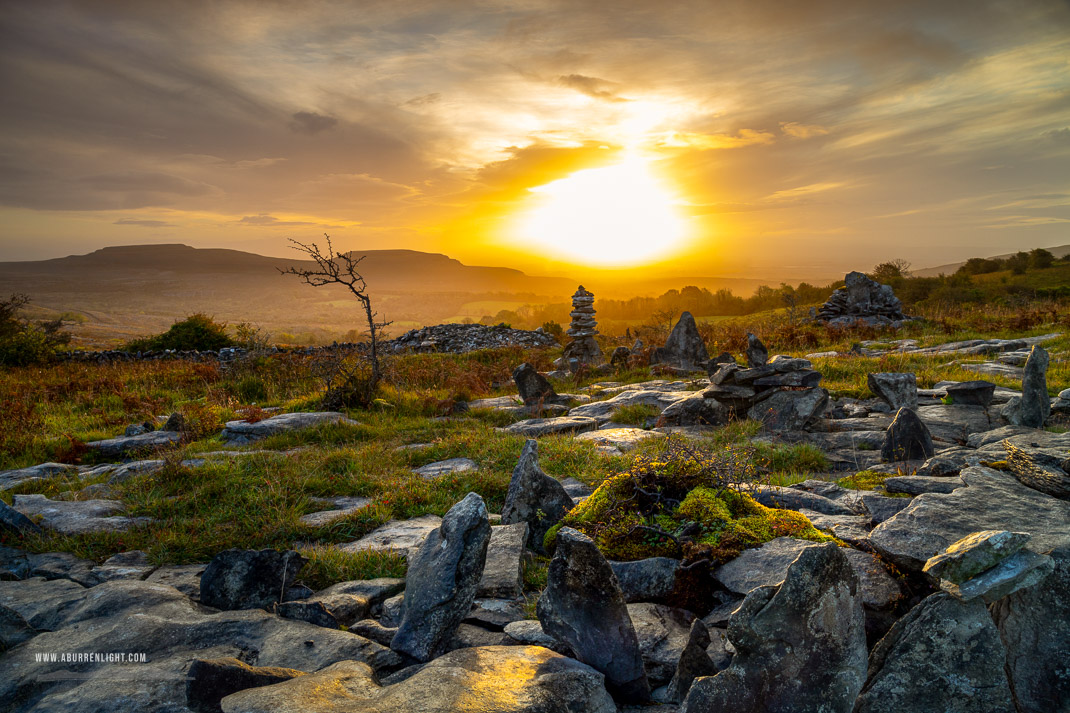 Fahee North Carron Burren East Clare Ireland - autumn,fahee,golden,hills,lone tree,mist,october,prayer,stone,sunrise