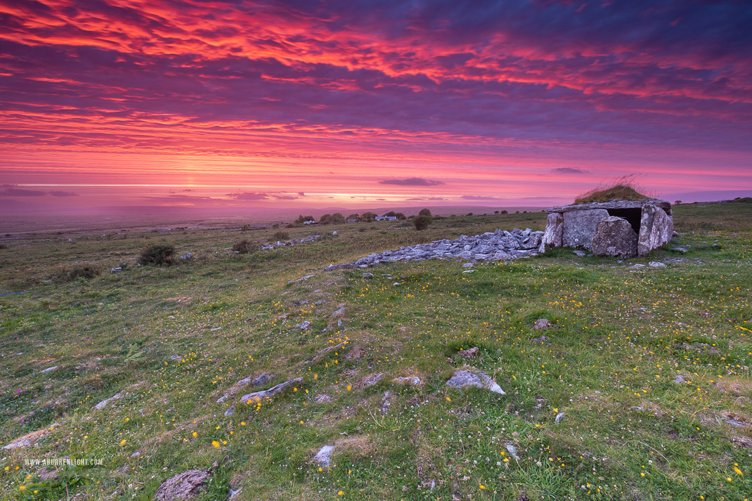 Parknabinnia Wedge Tomb Roughan Hill Kilnaboy Burren Clare Ireland - dusk,june,landmark,parknabinnia,pink,purple,spring,sunset,tomb,hills