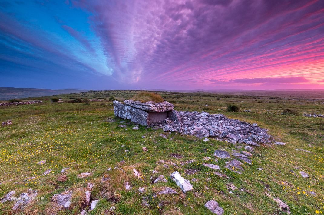 Parknabinnia Wedge Tomb Roughan Hill Kilnaboy Burren Clare Ireland - dusk,june,landmark,parknabinnia,pink,purple,roughan,spring,sunset,hills,