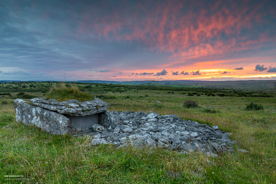 Parknabinnia Wedge Tomb Roughan Hill Kilnaboy Burren Clare Ireland - parknabinnia,pink,september,summer,sunrise,tomb,roughan,hills,wedge,landmark