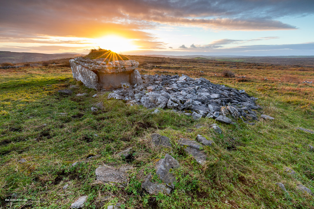 Parknabinnia Wedge Tomb Roughan Hill Kilnaboy Burren Clare Ireland - autumn,november,parknabinnia,sunset,sunstar,tomb,wedge,roughan,hills,golden