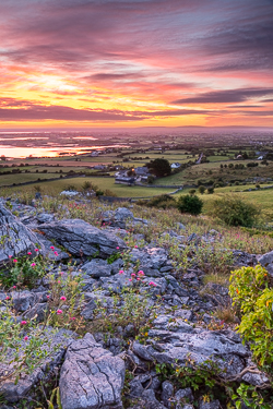 Purple and pink skies above limestone hills at dusk