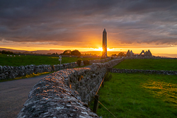 church,july,kilmacduagh,lowlands,summer,sunset,sunstar,tower,walls