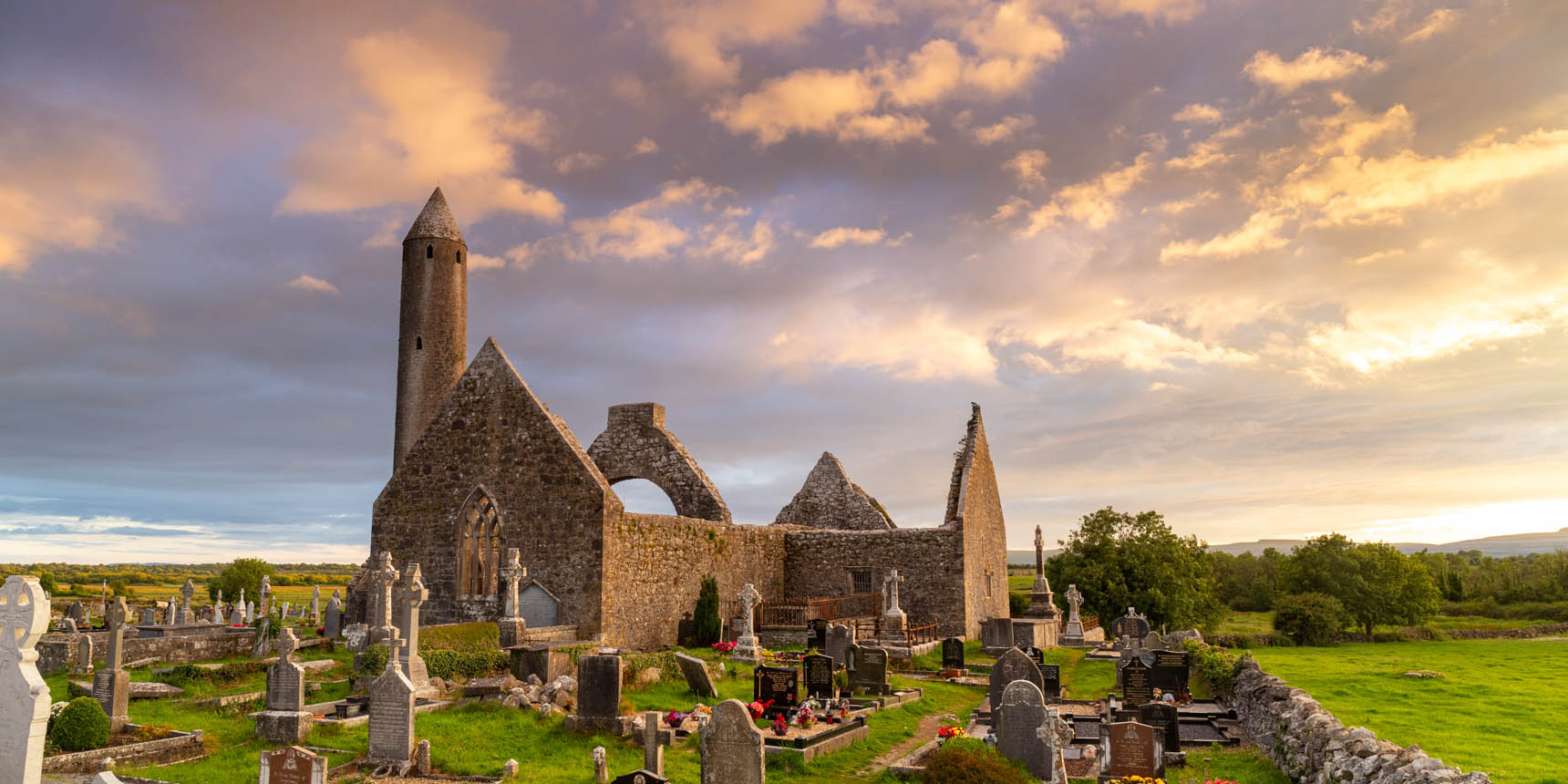 The Kilmacduagh Monastery on the outskirts of Gort, co Clare, Ireland